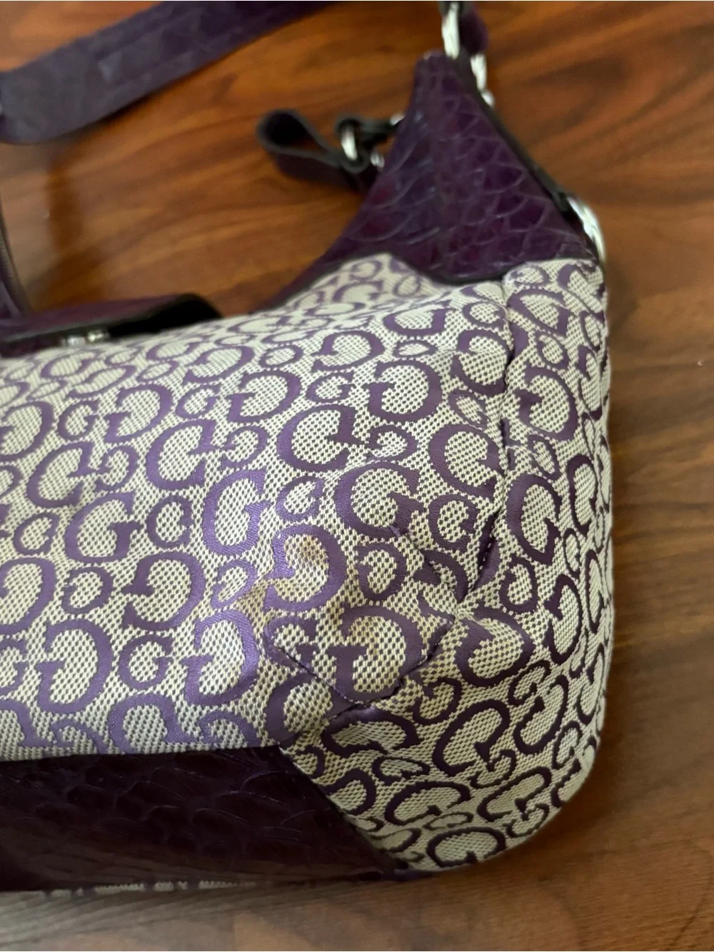 GUESS Vintage Y2K Hobo Baguette Monogram Purple Shoulder Bag Rare 2000s USA Cute